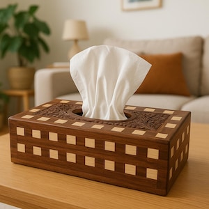 Handmade Wooden Tissue Box Cover – Luxury Carved | Tribal Inlay Designs | Rustic, Boho & Modern Home Décor, Giftable Napkin Holder
