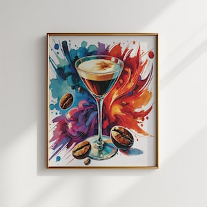 wydruk espresso martini | wydruk bar cart | uroczy wystrój bar cart | modna ściana | sztuka espresso martini | akwarela | wydruk sztuki cyfrowej