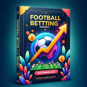 Op de afbeelding: Een boekomslag met een blauwe achtergrond en een gele pijl die omhoog wijst. De pijl bevindt zich voor een voetbal met een roze en blauwe gloed. De titel van het boek is "Football Betting Strategy" met de tekst "With Proven Data" en "Backed by authentic gremlins" onder de voetbal.