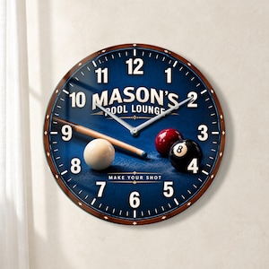 Personalized Billiard Wall Clock, Custom Pool Room Decor, 8 Ball Clock, Pool Player Gift, Man Cave