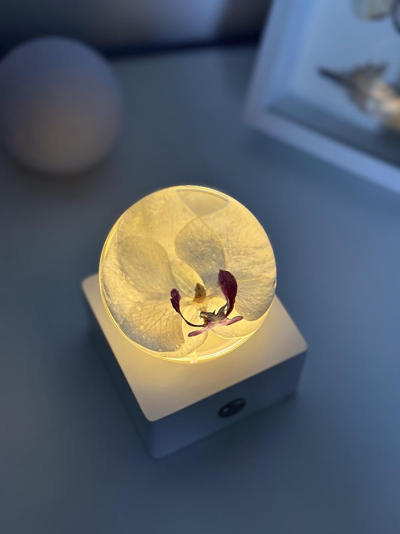 May include: A glowing, round, clear resin paperweight with a white orchid flower and purple accents. The paperweight sits atop a white, square, illuminated base. The background is a soft blue.