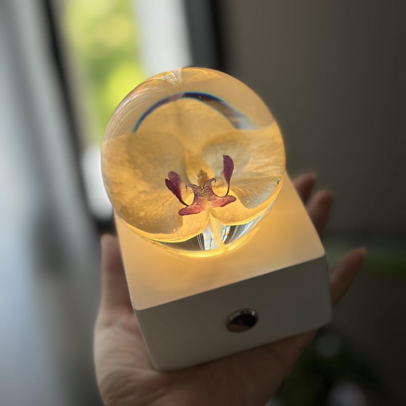 May include: A decorative lamp featuring a yellow orchid encased in a clear, spherical resin. The orchid has purple and yellow accents. The lamp sits on a white rectangular base with a small silver button.