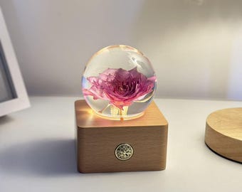 Preserved Pink Rose in Resin LED Night Light | Sweet Home Decor Romantic Gift for Her