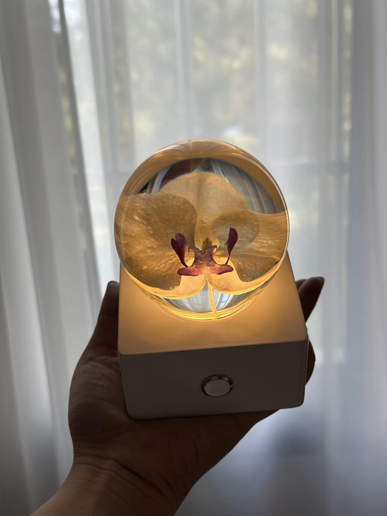 May include: A decorative lamp featuring a light yellow orchid flower encased in a clear, spherical resin. The flower has purple accents. The sphere sits atop a white, rectangular base with a single, silver-colored button.