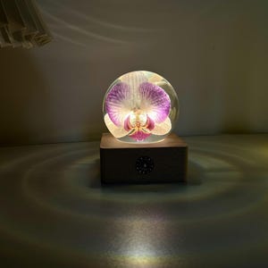 Pink Orchid Resin Crystal Ball Night Light | Rechargeable + Custom Engraving Flower Keepsake Anniversary gift for her