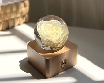 May include: A clear glass sphere containing a single preserved white rose, mounted on a square light-toned wooden base. The wooden base features a small, circular, metallic decorative accent on its front face, centered below the glass orb.