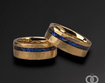 Hammered Yellow Gold Tungsten Ring: Blue Sapphire Meteorite Wedding Band