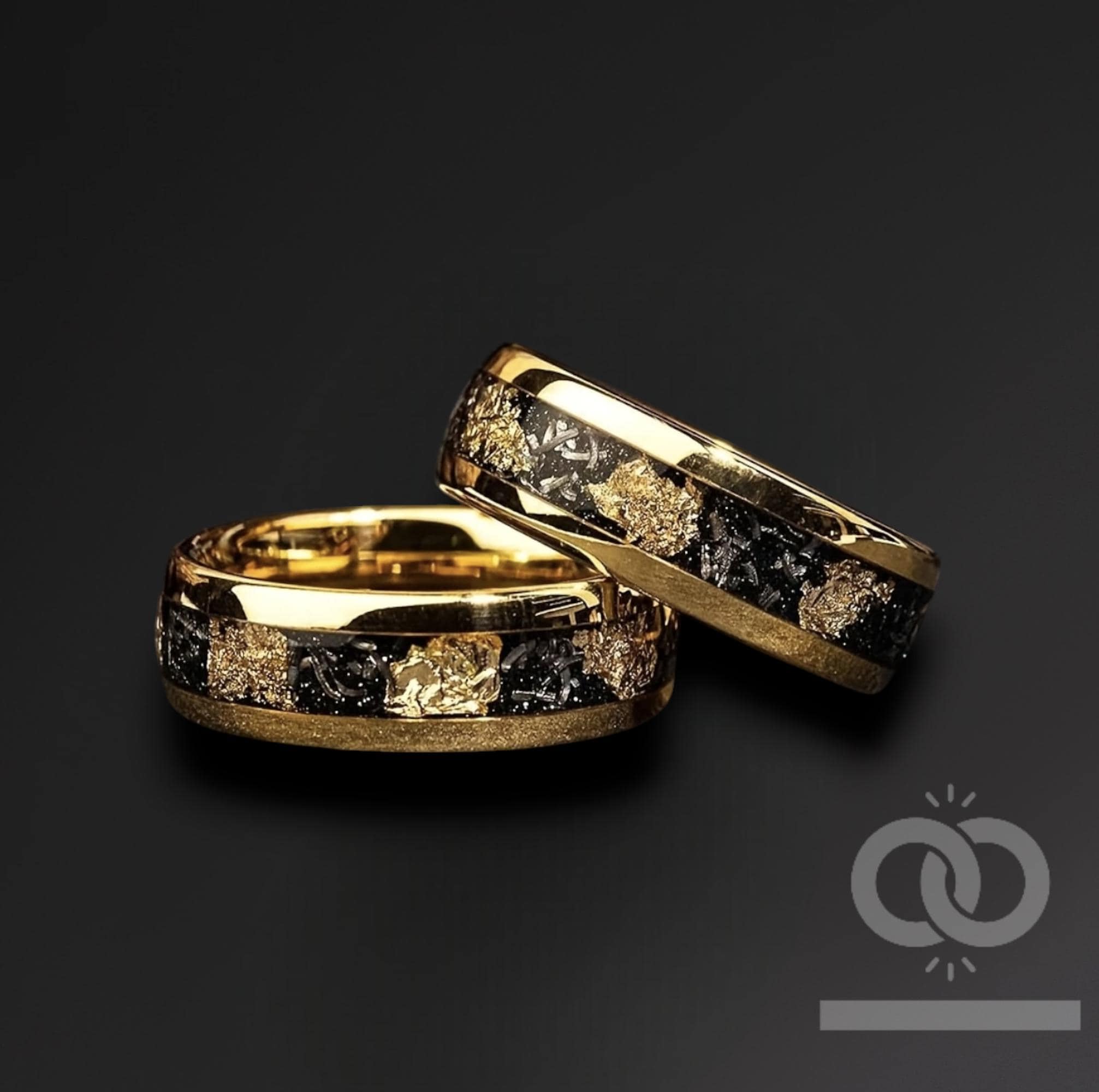 Anello nuziale in tungsteno con scaglie di foglia d'oro meteorite, intarsio in meteorite frantumato, anello da uomo, vestibilità comoda, anello di promessa regalo di anniversario