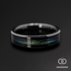 Mens Galaxy Wedding Ring Green Blue Sand Inlay | 6mm Black Tungsten Band | Unique Space Ring for Him | Engagement Ring | USA Seller