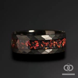 Hammered Black Tungsten Ring: Red Garnet Inlay, 8mm Wedding Band