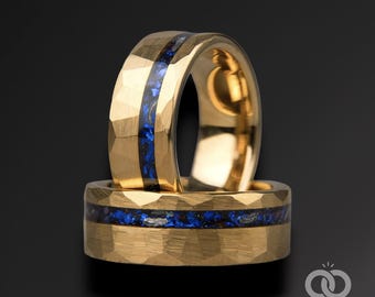 Hammered Yellow Gold Tungsten Ring: Blue Sapphire Meteorite Wedding Band