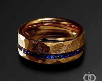 Hammered Yellow Gold Tungsten Ring: Blue Sapphire Meteorite Wedding Band