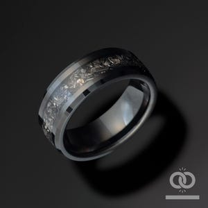 Tungsten Wedding Band Meteorite Inlay, Black Obsidian Mens Ring, Meteor Galaxy Unisex Anniversary Band, Tungsten Carbide Groom Gift Him Her