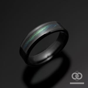 Mens Galaxy Wedding Ring Green Blue Sand Inlay | 6mm Black Tungsten Band | Unique Space Ring for Him | Engagement Ring | USA Seller