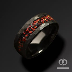 Hammered Black Tungsten Ring: Red Garnet Inlay, Mens Wedding Band