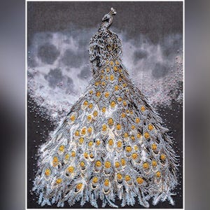Peacock Bead embroidery kit, hand embroidery beadwork kit with printed pattern, DIY craft kit gift for her