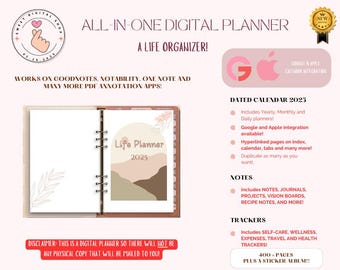 May include: A digital planner with a pink and brown mountain design. The planner includes a dated calendar, notes, trackers, and 400 pages plus a sticker album. It is compatible with Goodnotes, Notability, One Note, and other PDF annotation apps. The text "ALL-IN-ONE DIGITAL PLANNER" and "A LIFE ORGANIZER!" is displayed at the top of the image.