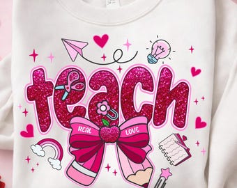 Różowy brokat uczy prawdziwej miłości PNG, projekt nauczyciela na Walentynki (pobieranie cyfrowe)