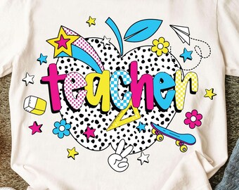 Colorful Preppy Teacher PNG: 90s Neon Design (Digital Download)