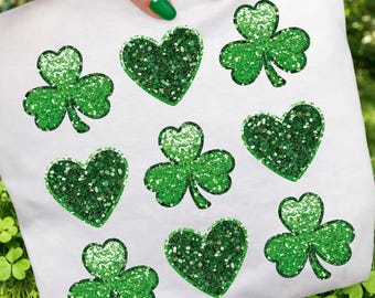 Zestaw clipartów z brokatową koniczyną, PNG z okazji Dnia Świętego Patryka, grafika z koniczyną w kształcie serca (pobieranie cyfrowe)