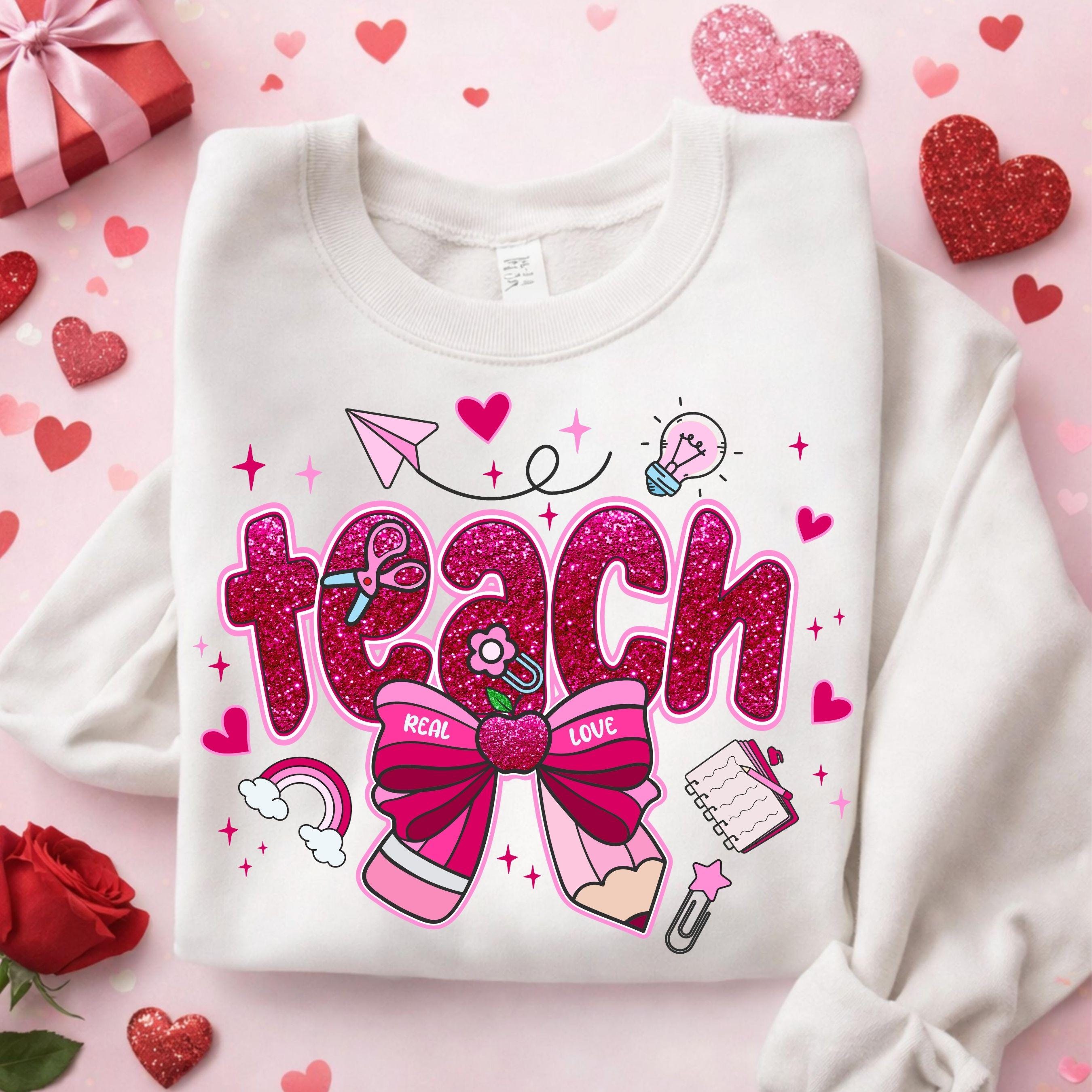 Pink Glitter Teach Real Love PNG, Valentine Teacher Design (digital ...
