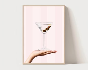 Minimalistische martini-kunstprint: roze barwagendecor (digitale download)