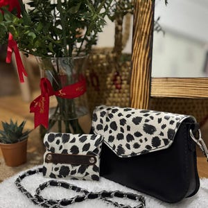Sac en cuir pour femme et porte-cartes, sac en cuir à imprimé léopard et porte-cartes, sac fait main - cadeau pour la fête des mères, cadeau pour elle