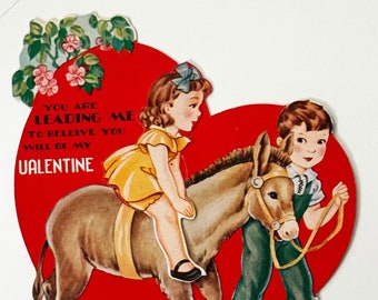 Vintage Burro Valentine, Vintage Diecut Valentine, Mechanical Valentine, Girl and Boy Valentine, 1940s Valentine, Burro Lover Valentine