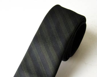 Vintage Skinny Tie Olive Green Navy Blue Striped Cavalier Dacron , SALE