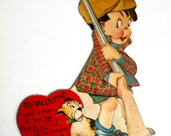 Deer Hunting Valentine, Hunter Valentine Gift, 1940s Valentine Card, Die Cut Valentine, Hunting Valentine, Deer Hunter