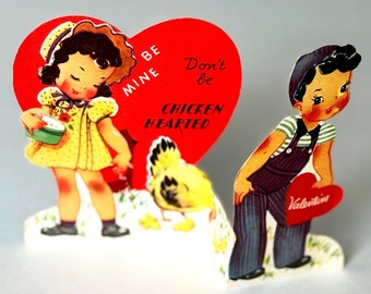 Vintage Diecut Valentine, Vintage Chicken Valentine, Girl and Boy Valentine, 1940s Valentine, Chicken Lover Valentine, Be Mine Valentine