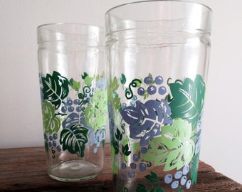 Vintage Peanut Butter Jar Drinking Glass Grape Vines Set of Two, NortonAndYoung