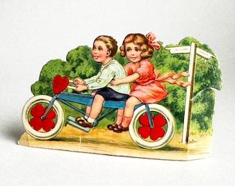 Bicycle Valentine, Vintage Bicycle For Two Valentine, Vintage Valentine, German Mechanical Valentine Bicycle, 1930s Moveable Valentine Card