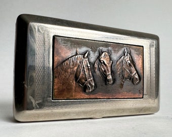 Vintage Horse Snuff Box, German Horse Trinket Box, Horse Trinket Box, Horse Cigarette Tin, Debossed Horse Head, Triple Horse Head Tin