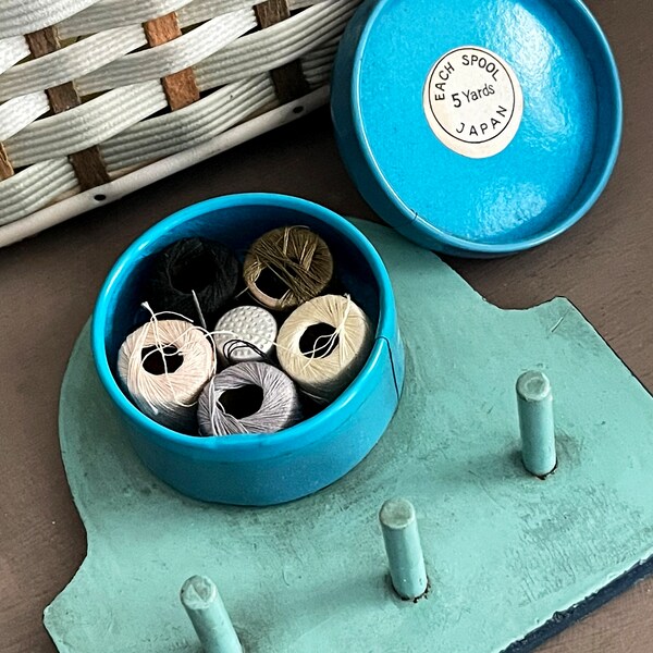 Japanese Sewing Kit with Thread, Vintage Sewing Kit with Thimble Pin Cushion and Small Thread Spools, Made in Japan, NortonAndYoung, Sewing