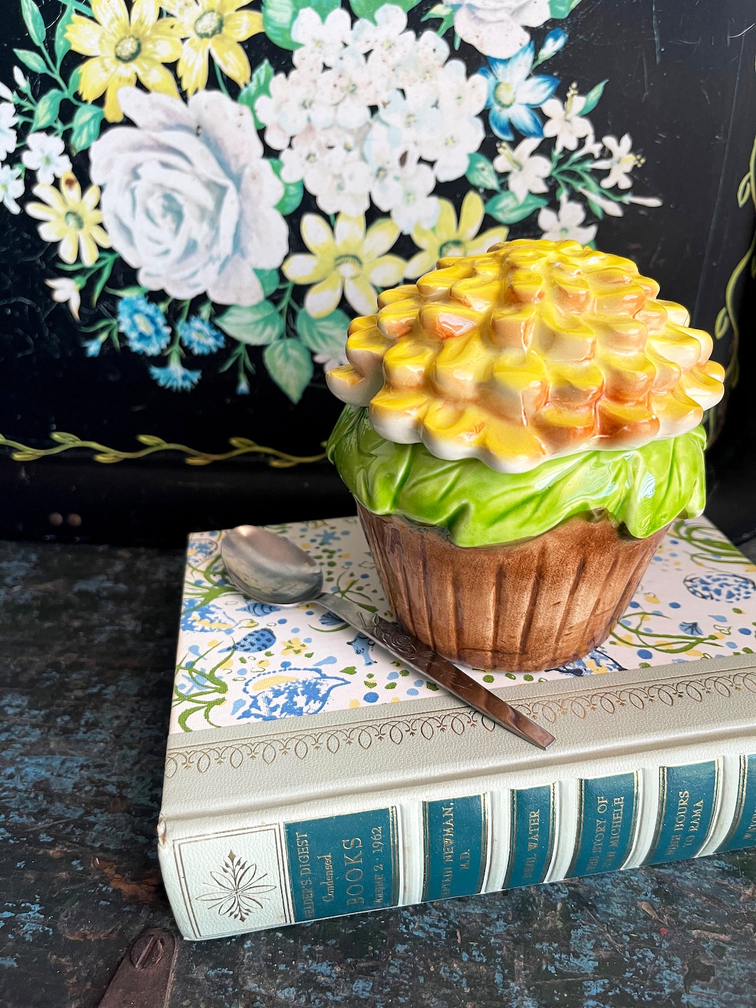 Vintage Lefton Flower Condiment Jar Stainless Steel Spoon, Ceramic