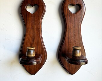 Pair of Vintage Heart Wood Wall Candle Sconces, Wood Wall Sconces, Heart Candle Sconce, Wooden Wall Sconce with Heart Shape, NortonAndYoung