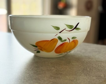Fire King, Gay Fad Rimmed Mixing Bowl 4.5" Tall 8.5" Wide, Cherries, Peaches, Grapes, Pear, Anchor Hocking White Milk Glass Mixing Bowl