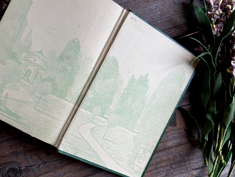 Pode incluir: Livro aberto com ilustra&ccedil;&otilde;es verdes de uma cena de jardim. As ilustra&ccedil;&otilde;es est&atilde;o em uma p&aacute;gina creme com uma borda verde. O livro est&aacute; sobre uma superf&iacute;cie de madeira com um raminho de flores roxas.