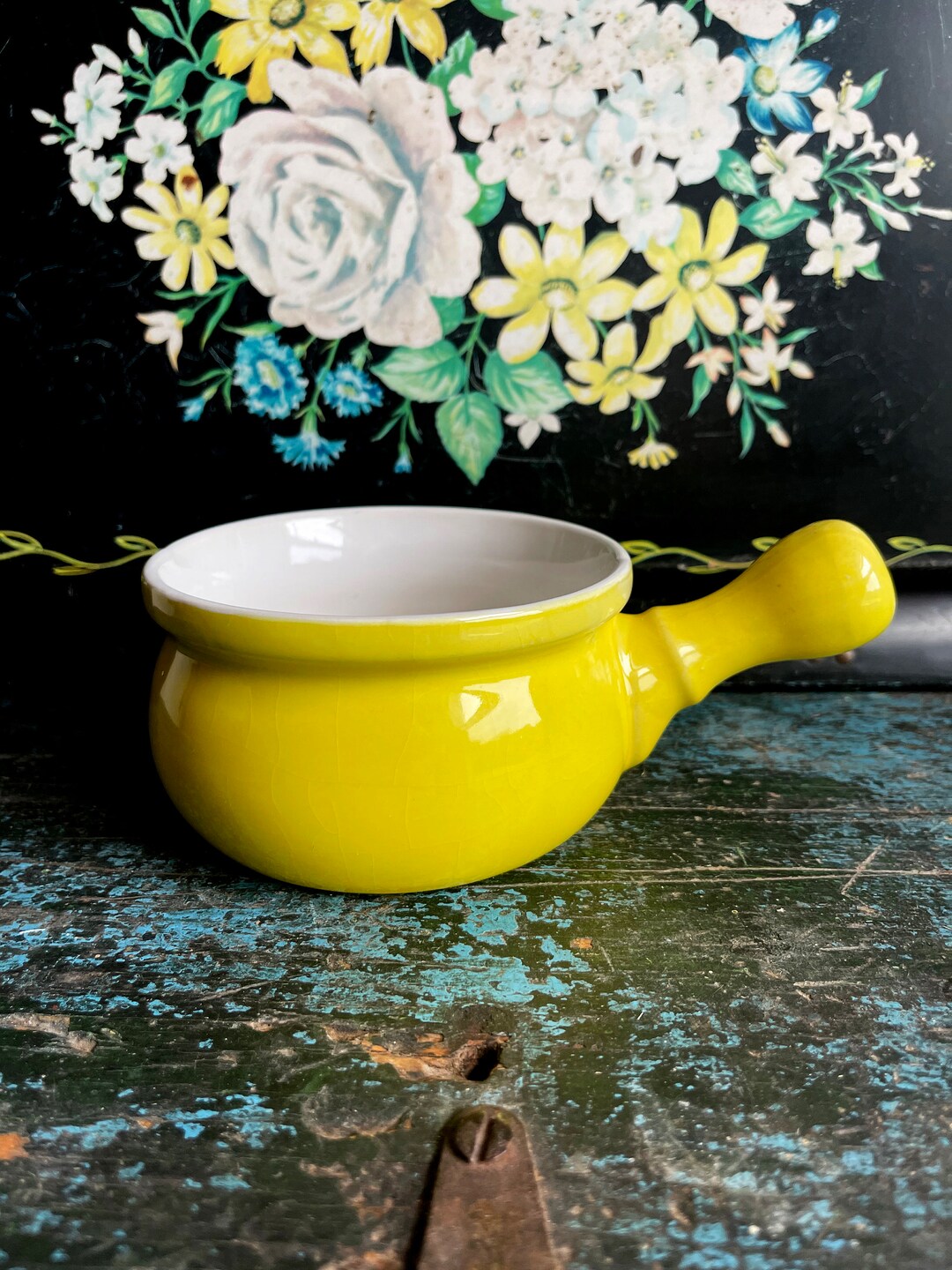 Yellow Pottery Crock With Handle Ovenproof, Soup Bowl With Handle