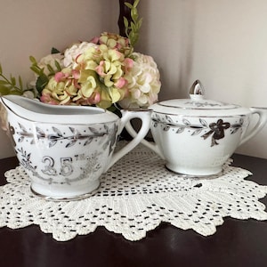 Vintage Lenox 25th Anniversary Creamer and Covered Sugar Bowl, Silver Wedding Anniversary, NortonAndYoung