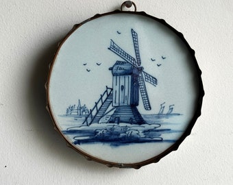 Vintage Delft Inspired Blue and White Windmill Wall Hanging, Vintage Blue and White Windmill Wall Decor, NortonAndYoung