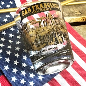 Vintage San Francisco Shot Glass: Mid-Century Barware with Gold Illustrations