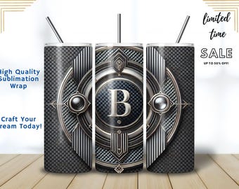 Carbon Fiber Tumbler Wrap: Personalized Monogram, Sci-Fi Metallic Design (PNG Digital Download)