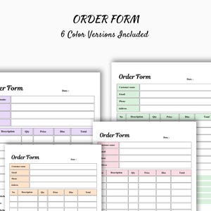 Puede incluir: Varios formularios de pedido en colores pastel, incluyendo verde, morado y melocotón. Cada formulario incluye campos para la información del cliente y los detalles del pedido, con el título "ORDER FORM" en la parte superior. También está presente el texto "6 Color Versions Included".