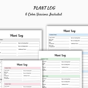 Op de afbeelding: Een verzameling plantenlogbladen in verschillende pastelkleuren, waaronder roze, groen en blauw. Elk blad heeft de titel "Plant Log" en bevat velden voor het vastleggen van gewasdetails en oogstinformatie. De tekst "6 Color Versions Included" is ook aanwezig.