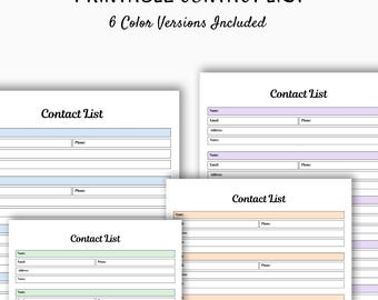 Contact List Printable Template | Address Book | Phone Number Log | Contact Organizer | A4/A5/Letter | Instant Download PDF | 6 Colors