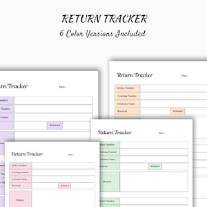 Könnte beinhalten: Mehrere weiße "Return Tracker"-Formulare mit Feldern für Bestellnummer, Sendungsverfolgungsnummer, Kundenname und Rückgabegrund. Die Formulare enthalten den Text "Return Tracker" und "6 Color Versions Included."