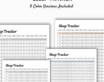May include: White paper sleep trackers with a grid layout for tracking sleep patterns. The text "SLEEP TRACKER" is at the top, with "6 Color Versions Included" below it. Each tracker includes months and dates for recording sleep data.