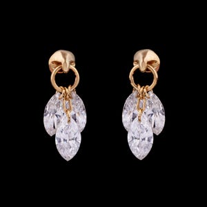 Floating Diamond Plume Threaded Charm Dainty Diamond Piercing For Her 18K Solid Gold Marquise Drilled Three Diamond Dangle Stud